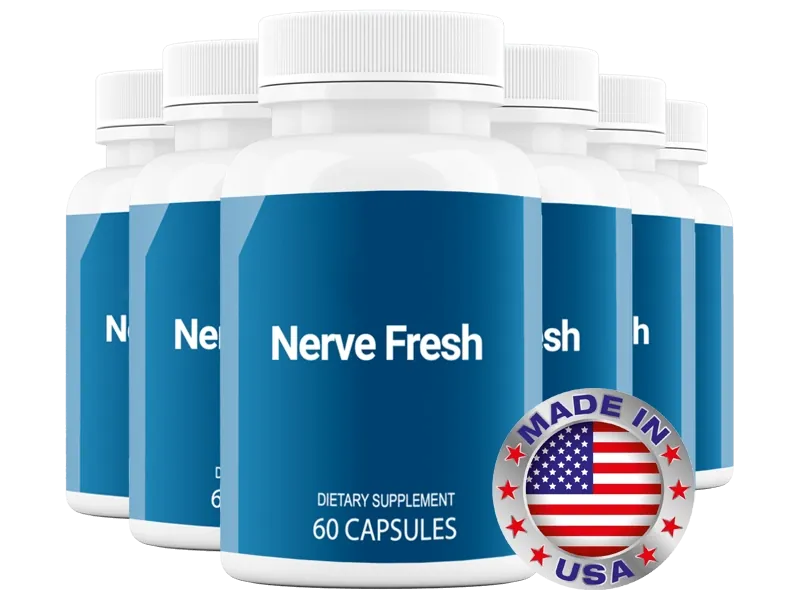 Six bottles of Nerve Fresh nerve support capsules, made in the USA